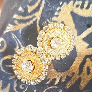 Signed Carnegie Gold Tone/Rhinestone Clip On Earrings